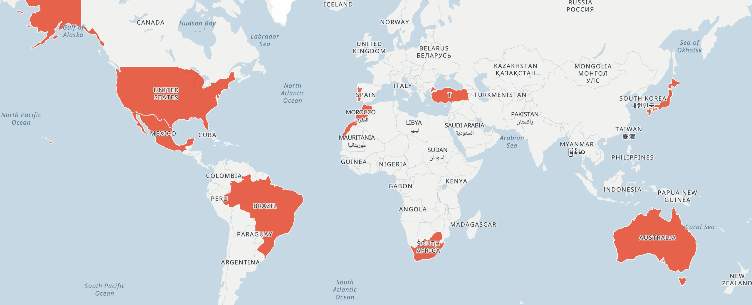 A world map with example countries filled in: United States, Mexico, Brazil, Portugal, Morocco, South Africa, Turkey, Japan and Australia.