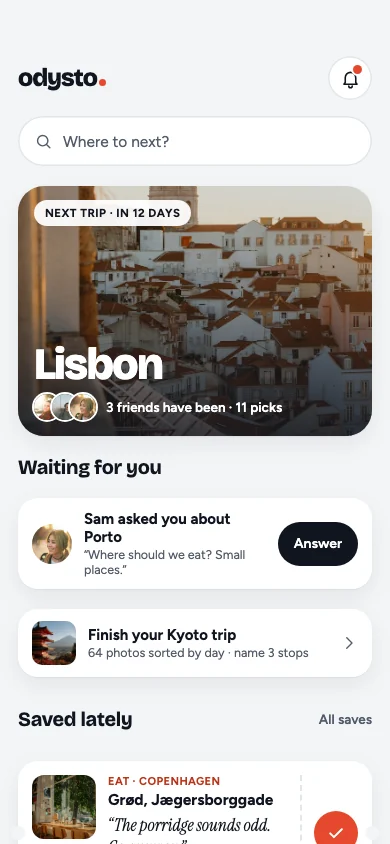 Odysto Home screen with a Lisbon trip card and saved places