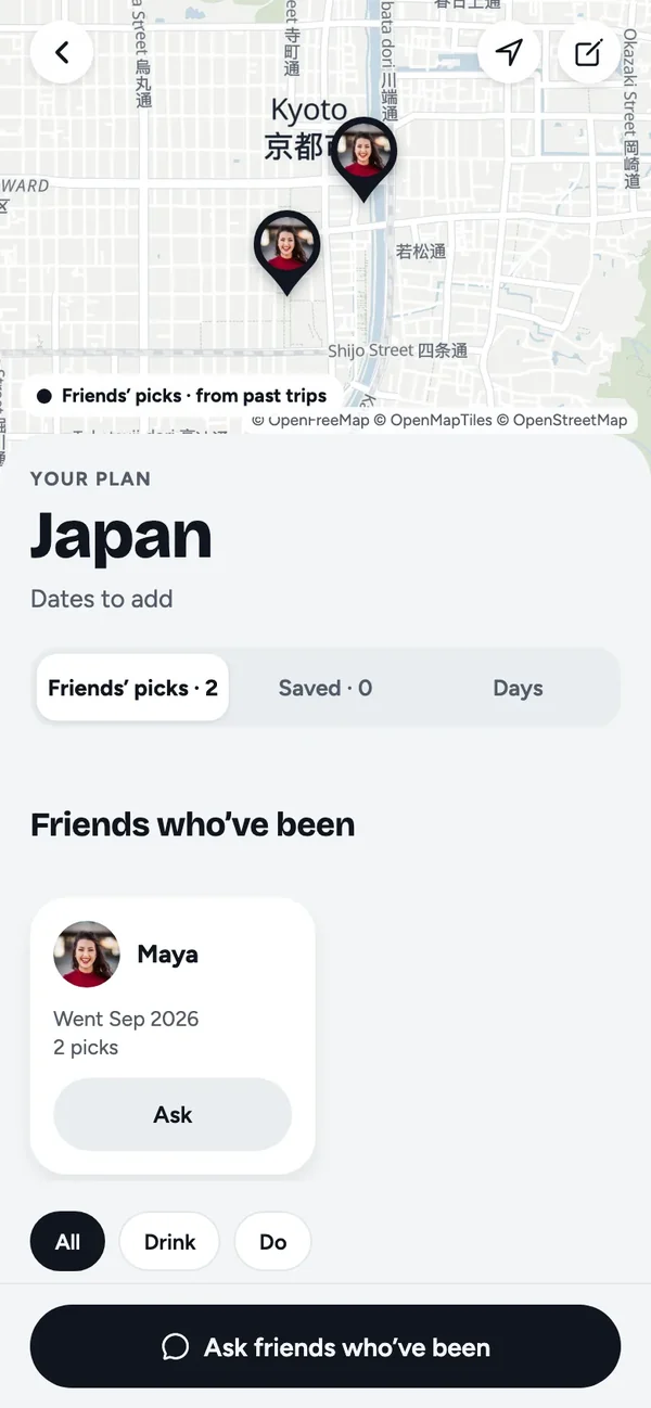 An example Japan plan in Odysto: friends' picks on a map of Kyoto, and Maya listed as a friend who's been, with an Ask button.