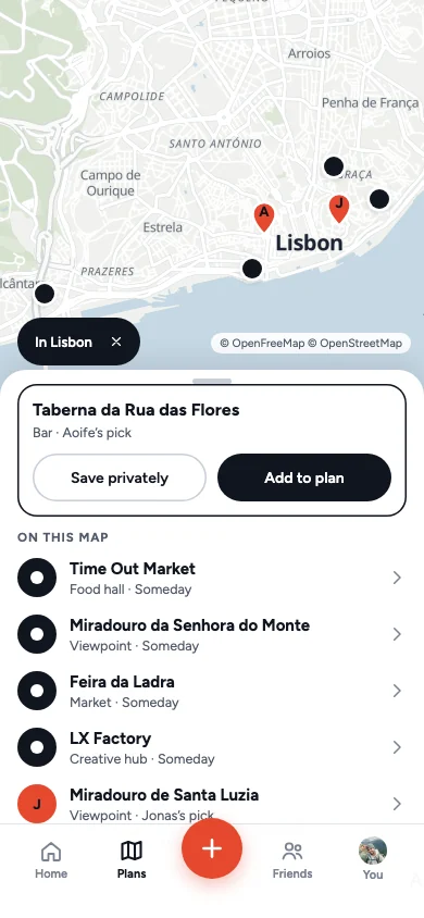 Odysto Plans map with Lisbon pins and a list of saved places