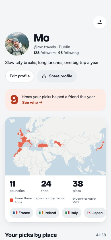 Odysto Profile screen with picks by place and a travel map