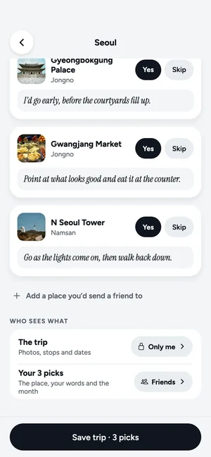 Odysto's Who sees what choices for an example Seoul trip: the trip is Only me, and the 3 picks go to Friends.